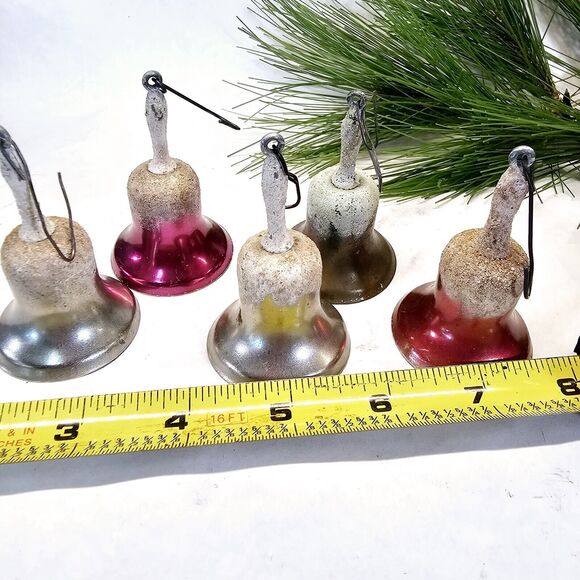 5 Vintage Glitter Snowy Metal Bells Christmas Tree Ornaments w/handle & clapper - Picture 7 of 11